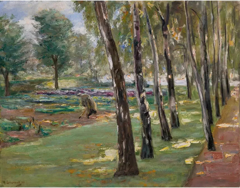 Een laan van berkenbomen in de Wannsee-tuin, uitzicht op een koolveld - Max Liebermann