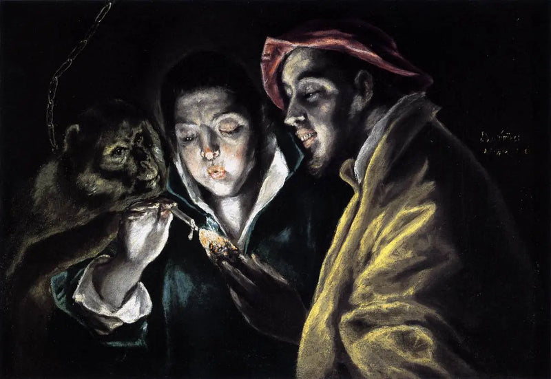 Een allegorie met een jongen die een kaars aansteekt in gezelschap van een aap en een dwaas - El Greco