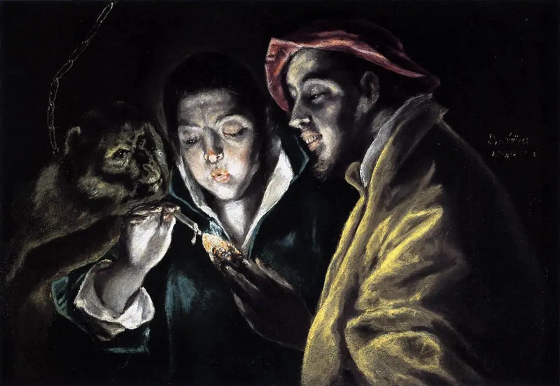 Een allegorie met een jongen die een kaars aansteekt in gezelschap van een aap en een dwaas - El Greco