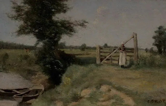 Een hek in de weilanden aan de rand van een kanaal. Omgeving van Abbeville - Jean-Baptiste Camille Corot