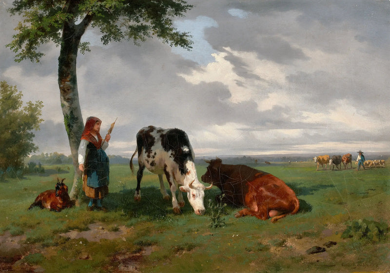 Een herderin met een geit en twee koeien in een weiland - Rosa Bonheur