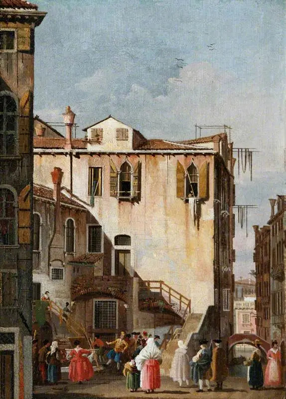 Een binnenplaats in Venetië met een man en een vrouw die dansen - Canaletto