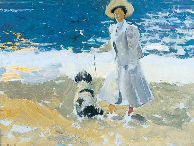 Een dame en een hond op het strand - Joaquín Sorolla