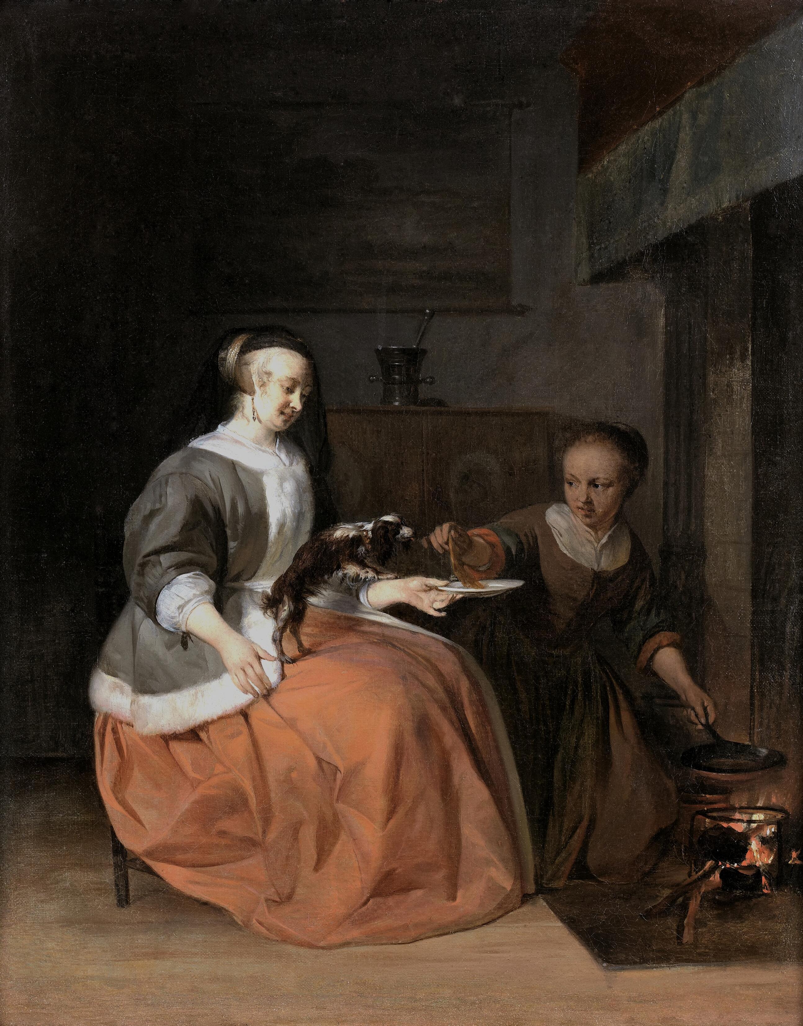 Une dame nourrit son petit chien - Gabriel Metsu image 1 copie peinte à la main à l’huile