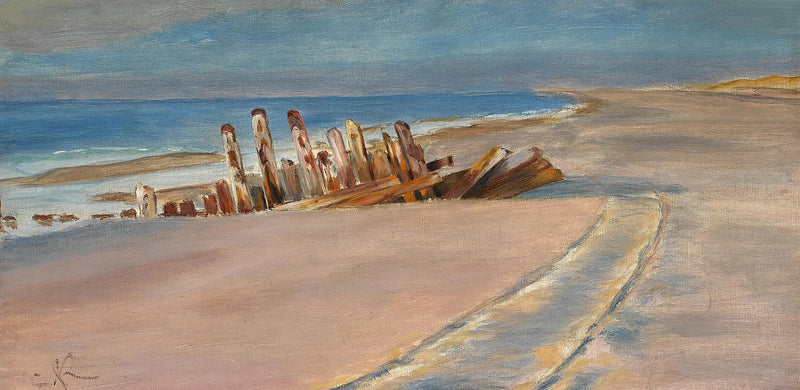 Een wrak op het noordstrand van Skagen. Diepe wielsporen in het zand. - Peder Severin Krøyer