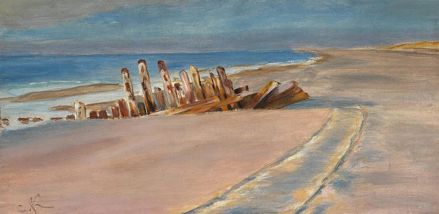 Een wrak op het noordstrand van Skagen. Diepe wielsporen in het zand. - Peder Severin Krøyer