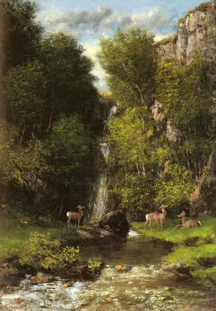 Een familie herten in een landschap met een waterval - Gustave Courbet
