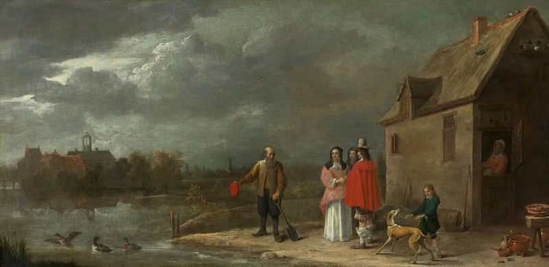 Een familie staand in een landschap met een huis omringd door grachten op de achtergrond - David Teniers de Jonge

Source:
Une famille debout dans un paysage avec une maison entourée de douves en arrière-plan - David Teniers le Jeune
