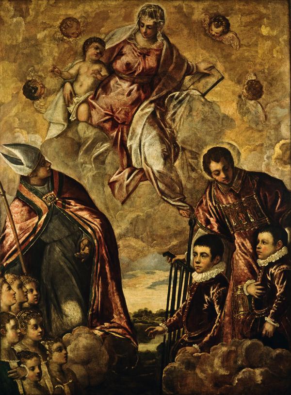 Een Venetiaanse familie voorgesteld aan de Maagd door Sint-Laurentius en een bisschoppelijke heilige - Jacopo Tintoretto