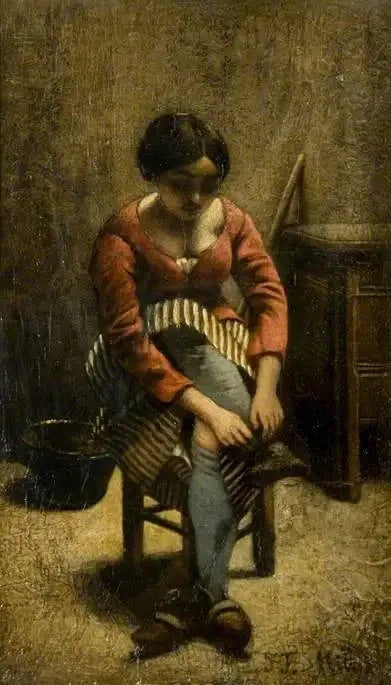 Een vrouw past haar kous aan - Jean-François Millet