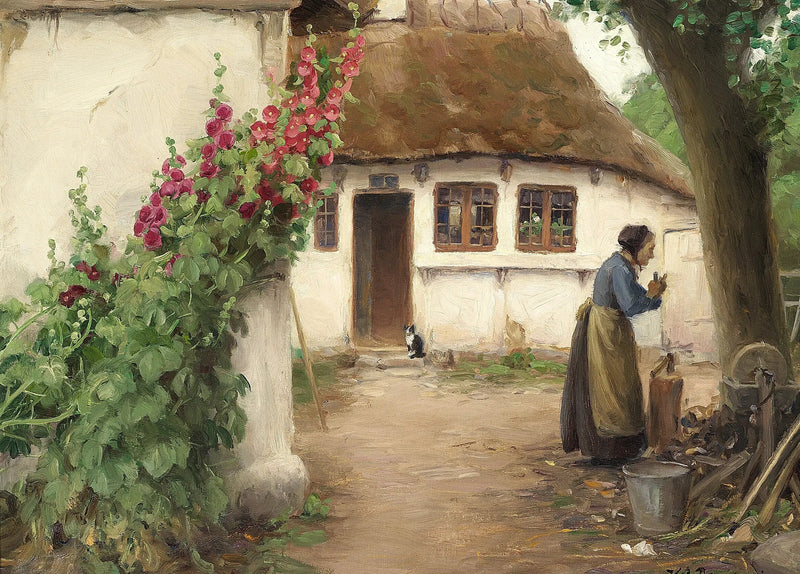 Een vrouw op een boerderij met rode stokrozen. - H. A. Brendekilde

Source:
Une femme dans une ferme avec des roses trémières rouges. - H. A. Brendekilde