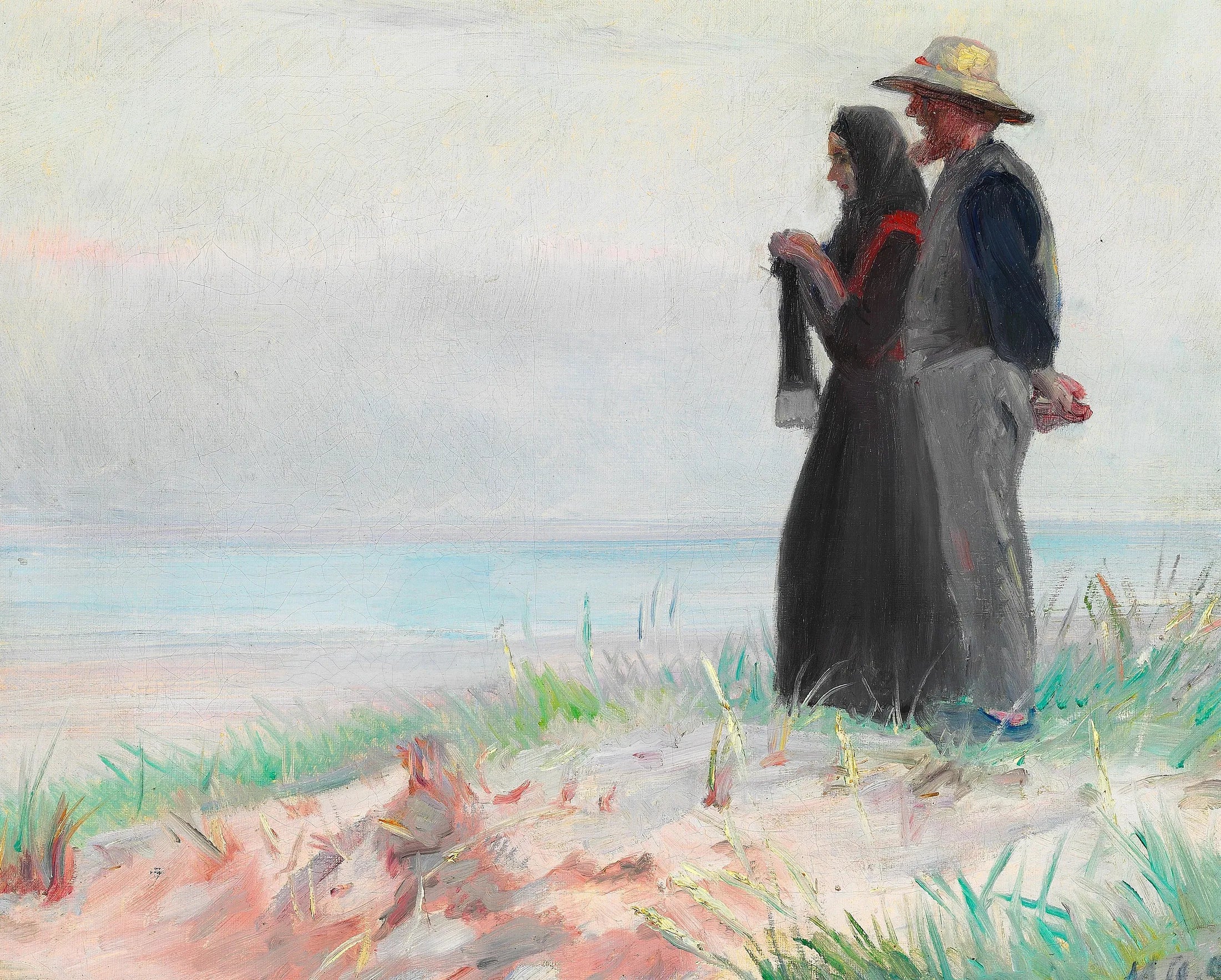 Une femme de Skagen, en train de tricoter, et son mari sur la plage. - Michael Peter Ancher image 1 copie peinte à la main à l’huile
