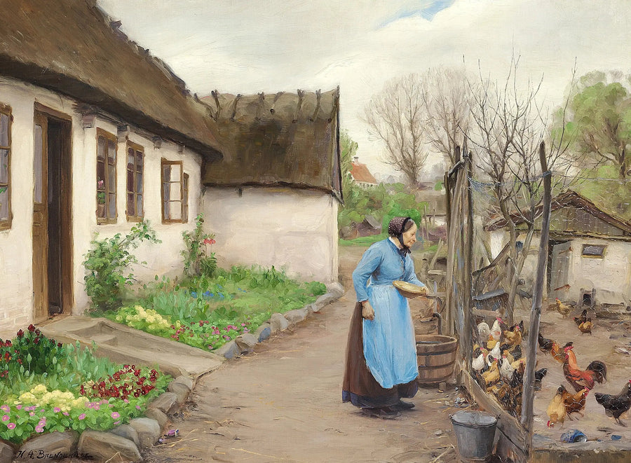 Een vrouw die kippen voedt voor een witte kalkstenen boerderij op een herfstdag. - H. A. Brendekilde

Source:
Une femme nourrissant des poules devant une ferme blanche et calcaire un jour d'automne. - H. A. Brendekilde