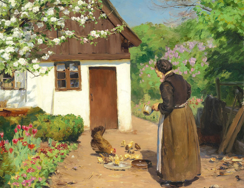 Een vrouw voedt kippen voor een witte kalkstenen boerderij op een zomerse dag. - H. A. Brendekilde

Source:
Une femme nourrit des poules devant une ferme blanche et calcaire un jour d'été. - H. A. Brendekilde