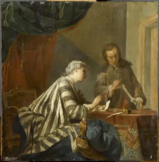 Een vrouw die bezig is een brief te kopen - Jean Simeón Chardin