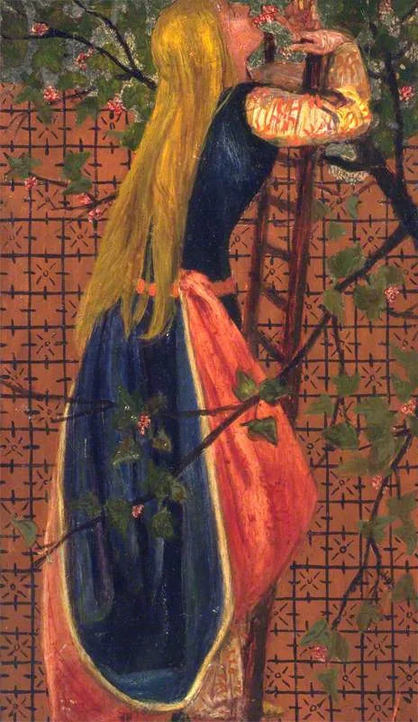 Een vrouw op een ladder die een bloem ruikt - Edward Burne-Jones