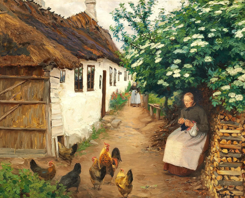Een vrouw breit naast een oud huis. - H. A. Brendekilde

Source:
Une femme tricote près d'une vieille maison. - H. A. Brendekilde