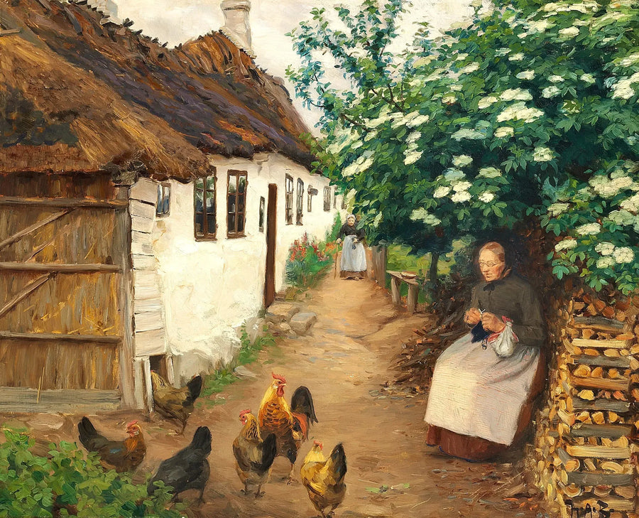 Een vrouw breit naast een oud huis. - H. A. Brendekilde

Source:
Une femme tricote près d'une vieille maison. - H. A. Brendekilde