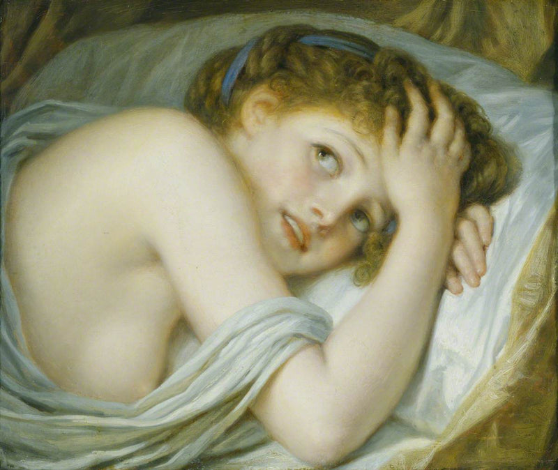 Een liggend meisje in haar bed - Jean-Baptiste Greuze