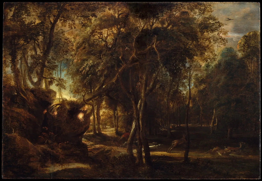 Een bos bij zonsopgang met een hertenjacht - Peter Paul Rubens