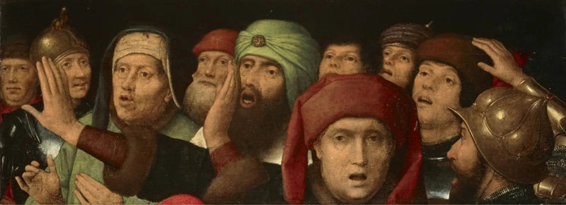 Een spottende menigte: fragment van een spotprent van Christus - Hans Memling