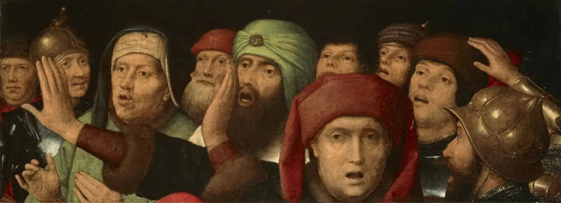 Een spottende menigte: fragment van een spotprent van Christus - Hans Memling
