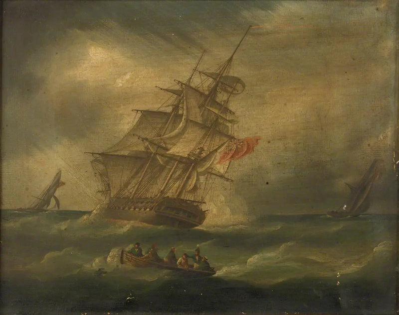 Een fregat en een zeilboot die een Franse sloep achtervolgen, met een boot die een man overboord redt - James E. Buttersworth