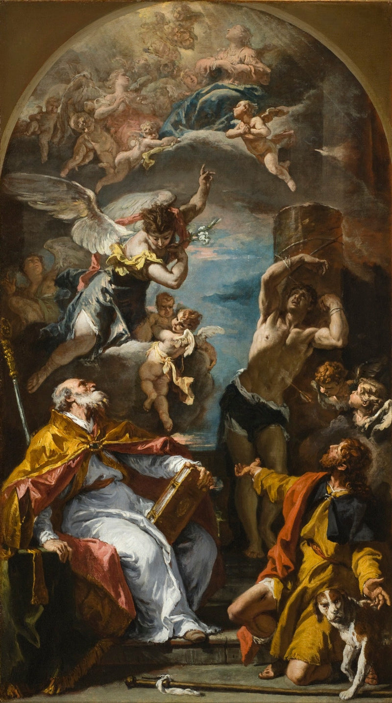 Een Glorie van de Maagd met de aartsengel Gabriël en de heiligen Eusèbe, Roch en Sebastiaan - Sebastiano Ricci