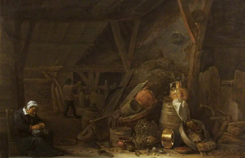 Een schuur met een stilleven van keukengerei en een slapende kok - David Teniers de Jonge

Source:
Une grange avec une nature morte d'ustensiles de cuisine et un cuisinier endormi - David Teniers le Jeune