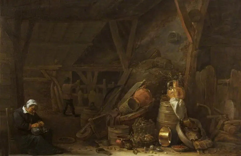 Een schuur met een stilleven van keukengerei en een slapende kok - David Teniers de Jonge

Source:
Une grange avec une nature morte d'ustensiles de cuisine et un cuisinier endormi - David Teniers le Jeune
