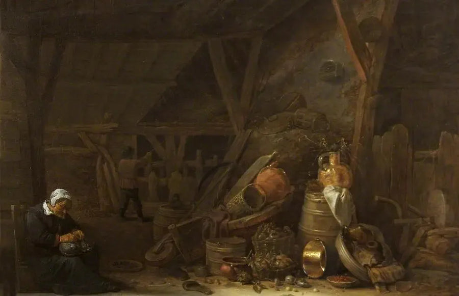 Een schuur met een stilleven van keukengerei en een slapende kok - David Teniers de Jonge

Source:
Une grange avec une nature morte d'ustensiles de cuisine et un cuisinier endormi - David Teniers le Jeune