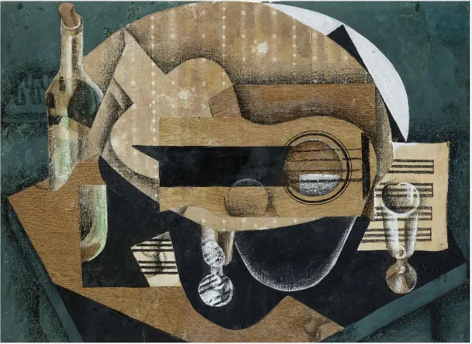 Een gitaar, glazen en een fles - Juan Gris