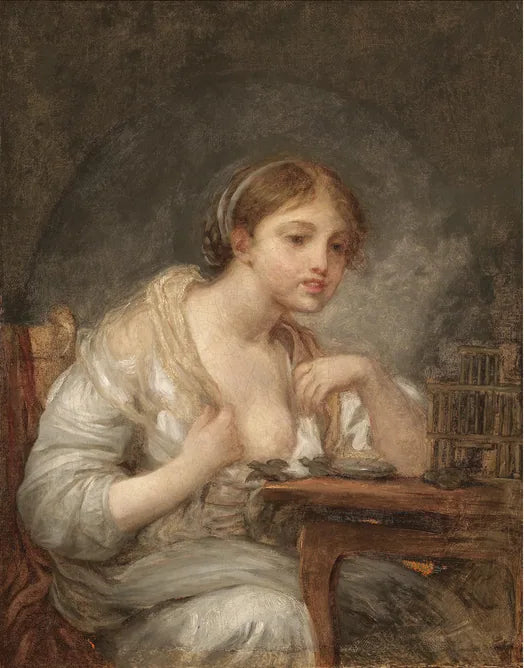Een jonge vrouw met een vogelkooi - Jean-Baptiste Greuze