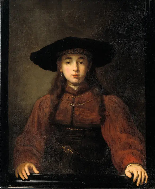 Een jonge vrouw die haar handen op het fotolijstje legt - Rembrandt