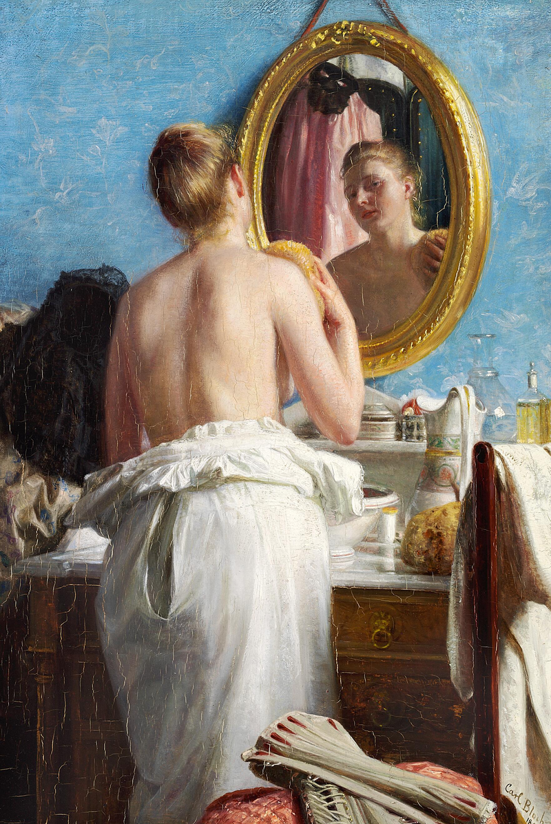 Een jonge vrouw wast zich voor een carnaval. - Carl Heinrich Bloch