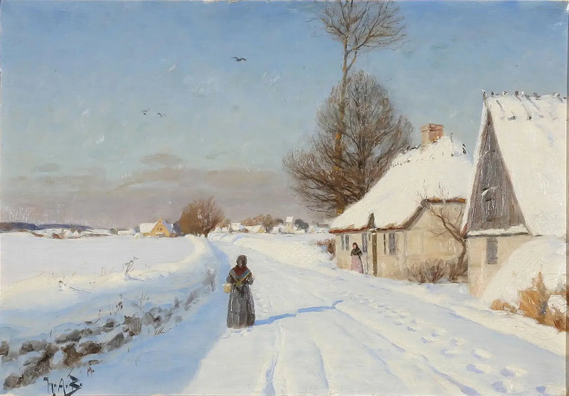 Een winterdag in een dorp, met mensen in de buurt van huizen met rieten daken. - H. A. Brendekilde

Source:
Une journée d'hiver dans un village, montrant des personnes près de maisons au toit de chaume. - H. A. Brendekilde
