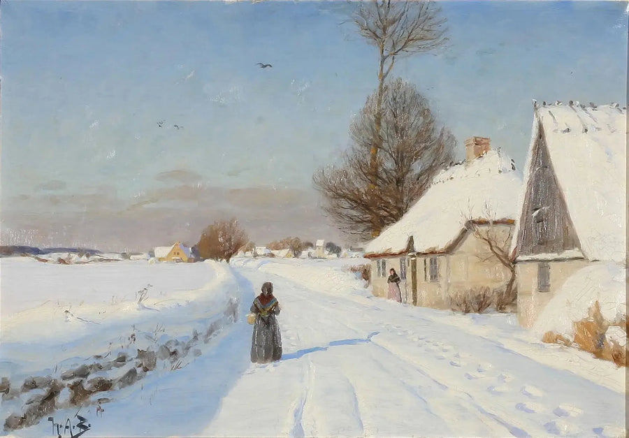 Een winterdag in een dorp, met mensen in de buurt van huizen met rieten daken. - H. A. Brendekilde

Source:
Une journée d'hiver dans un village, montrant des personnes près de maisons au toit de chaume. - H. A. Brendekilde