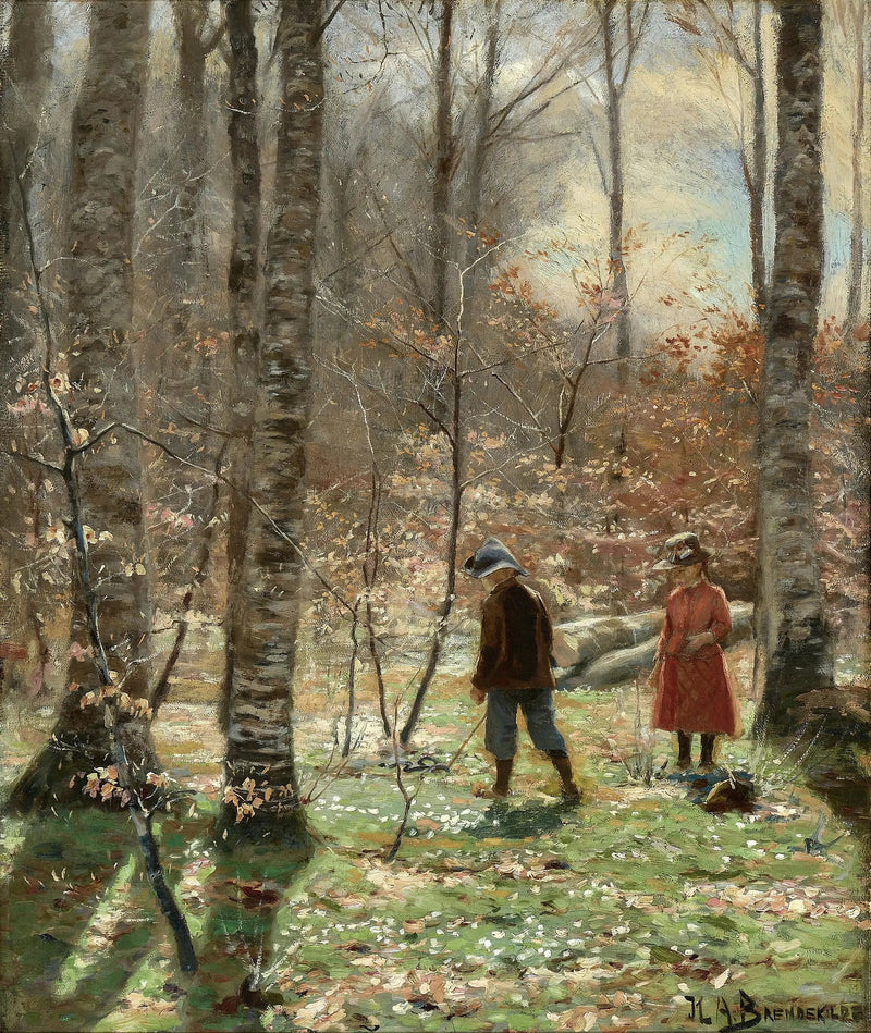 Een lentedag in het bos met een jongen en een meisje die anemonen plukken. - H. A. Brendekilde

Source:
Une journée de printemps dans la forêt avec un garçon et une fille cueillant des anémones. - H. A. Brendekilde
