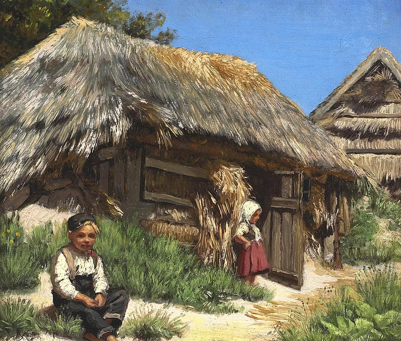 Een huis met rieten dak. Zomer dag onder een blauwe en warme hemel. Georganiseerd met twee kinderen. - Peder Severin Krøyer