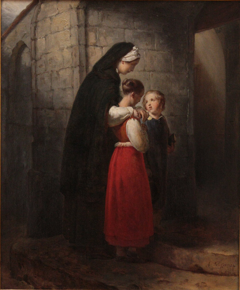 Een herstellende moeder die naar de kerk gaat, leunend op haar twee kinderen - Ary Scheffer