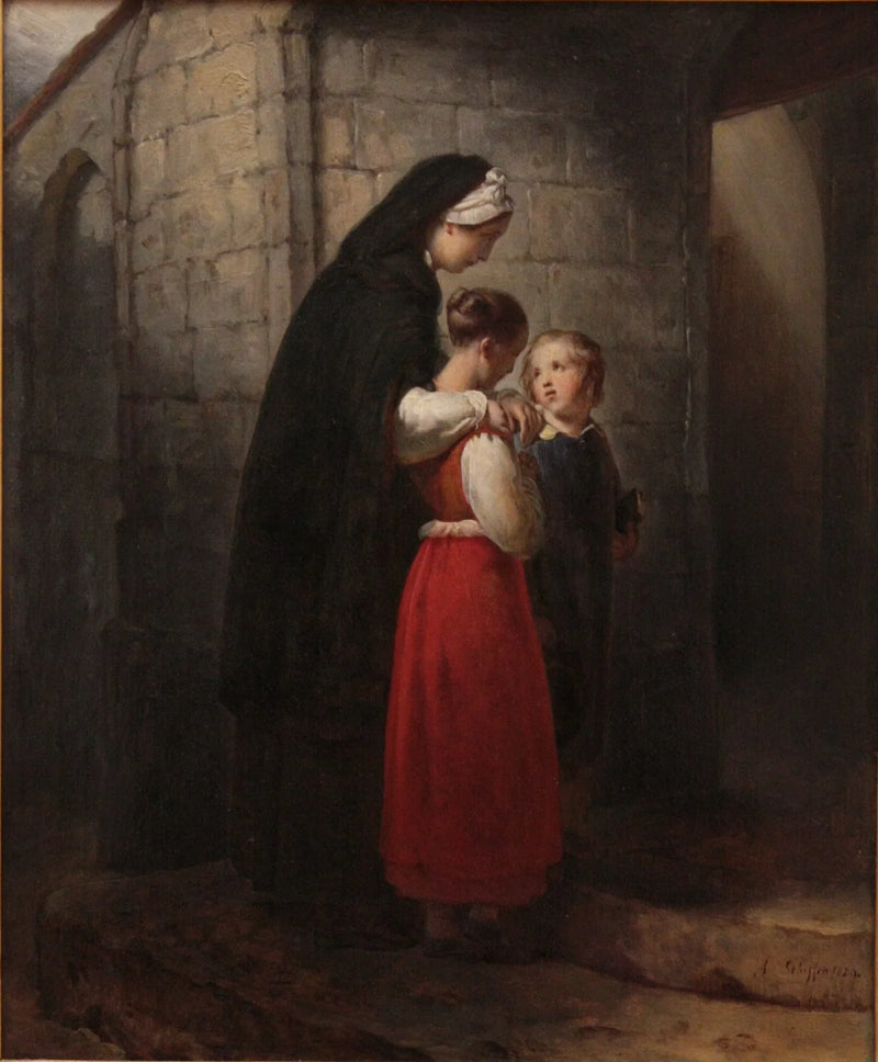 Een herstellende moeder die naar de kerk gaat, leunend op haar twee kinderen - Ary Scheffer