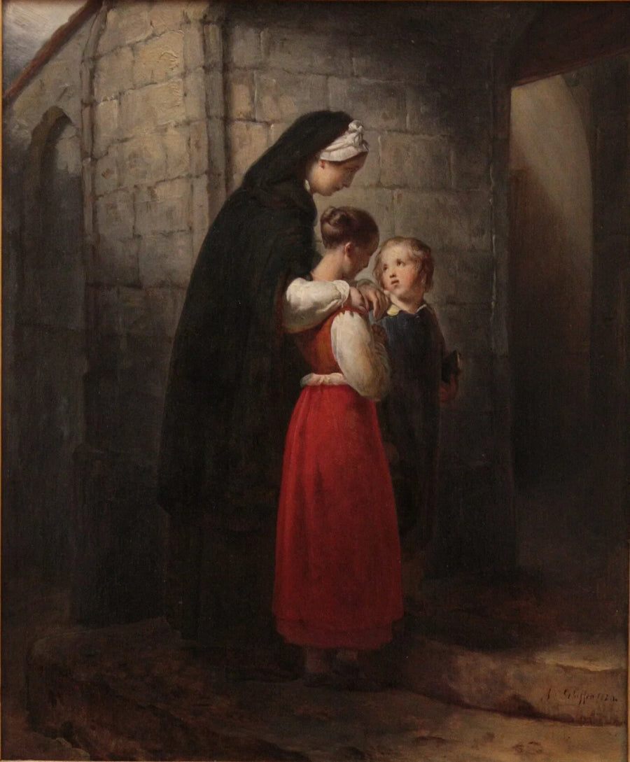 Een herstellende moeder die naar de kerk gaat, leunend op haar twee kinderen - Ary Scheffer