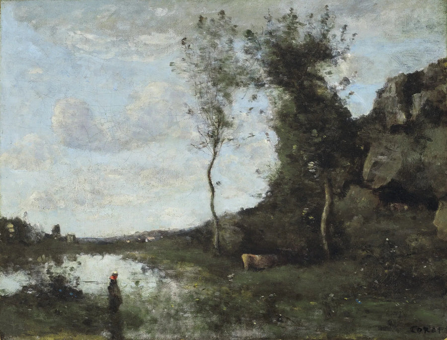 Een boerendochter en haar koe bij de vijver met uitzicht op een dorp - Jean-Baptiste Camille Corot