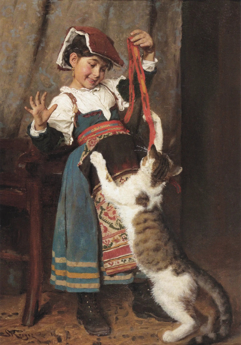 Een klein meisje in een boerenjurk, spelend met een kat. - Peder Severin Krøyer