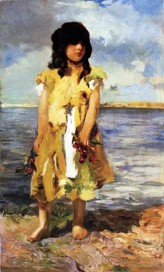 Een kleine zigeunerin met kersen (Een meisje op het strand). - Joaquín Sorolla