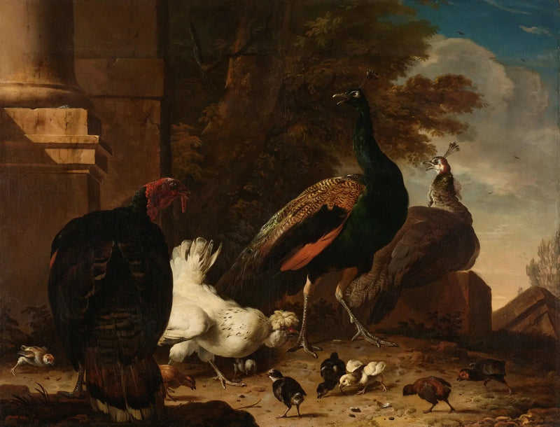 Een kip met pauwen en een kalkoen - Melchior de Hondecoeter