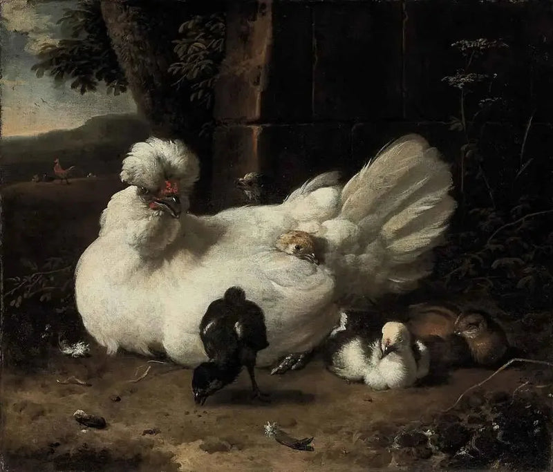 Een kip met kuikens in een landschap - Melchior de Hondecoeter