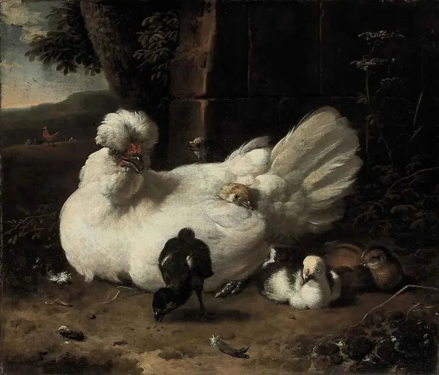 Een kip met kuikens in een landschap - Melchior de Hondecoeter