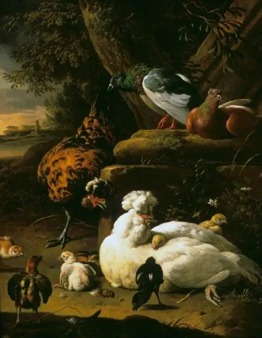 Een kip met kuikens, een haan en duiven in een landschap - Melchior de Hondecoeter