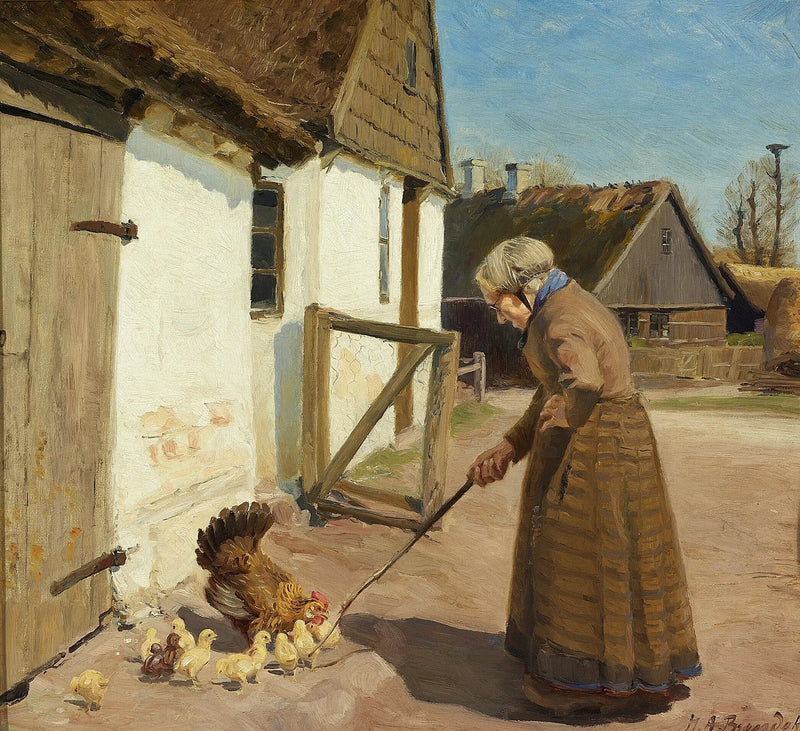 Een kip met haar kuikens. - H. A. Brendekilde

Source:
Une poule avec ses poussins. - H. A. Brendekilde